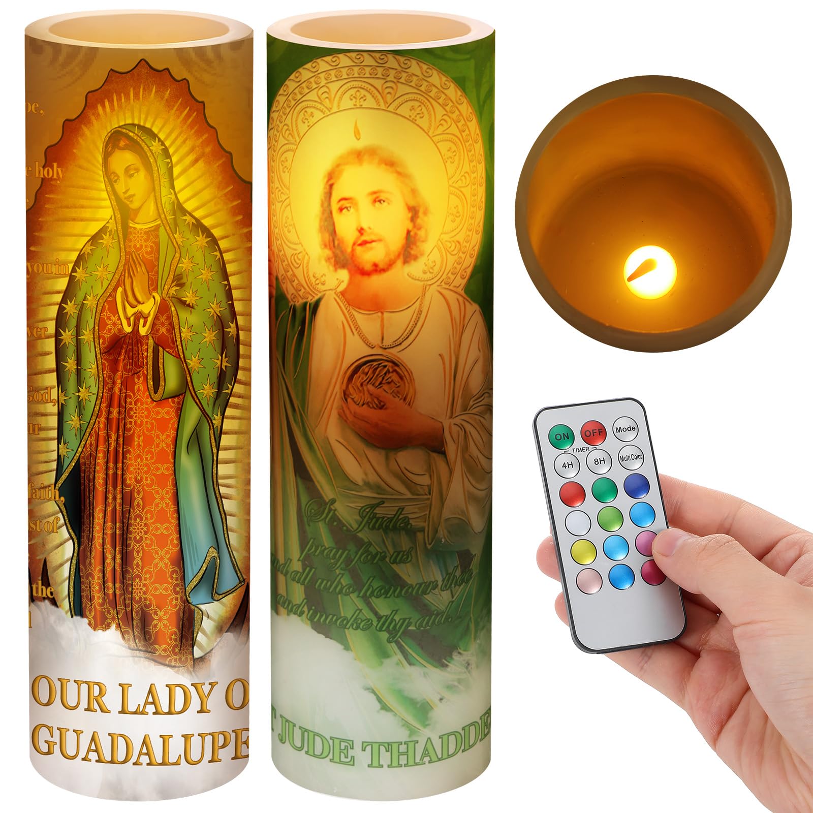 Landhoow Guadalupe and St Jude flameless candle front view for serene prayer decor