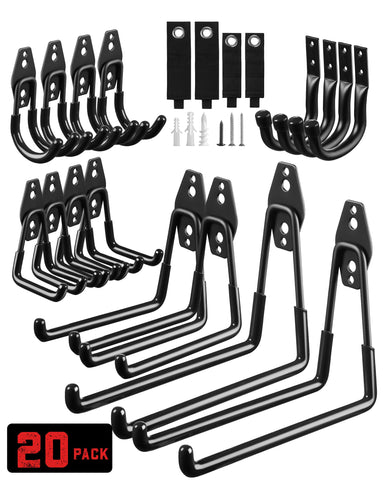 LANDNEOO garage hooks 20-pack on steel wall mounting for strong tool storage.