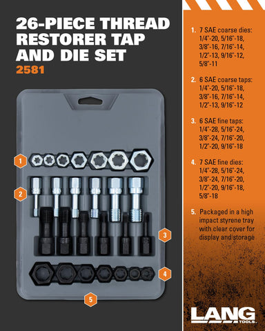 Lang Tools 2581 fine taps shown for precise thread restoration work