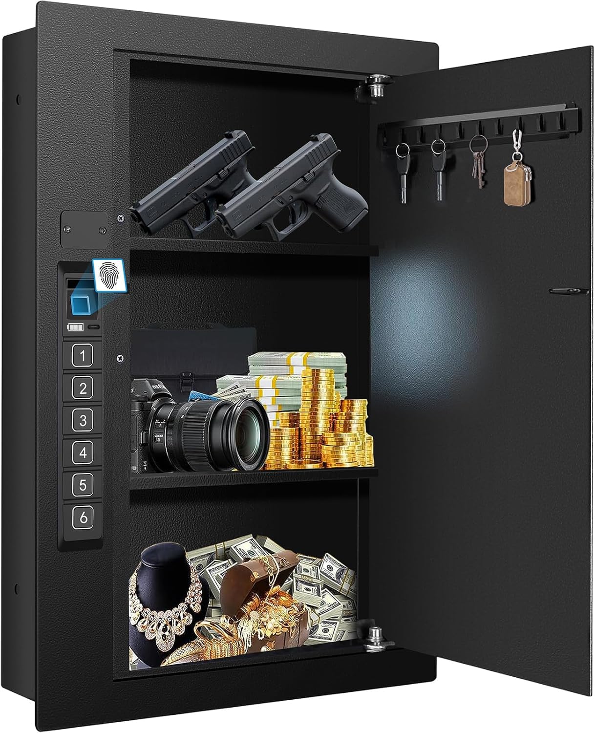 LANGGER V wall safe with biometric fingerprint unlock for quick access.