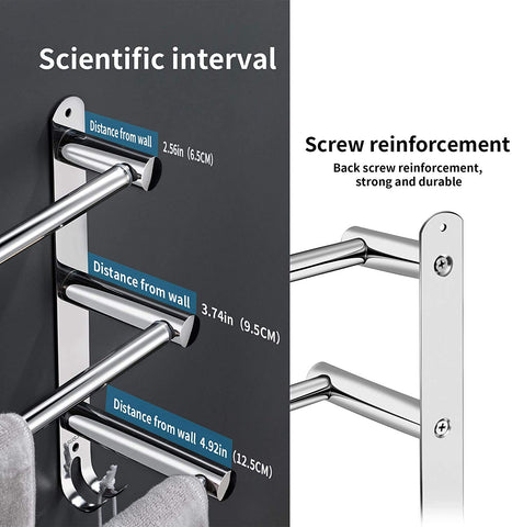 Lanliebao 3-arm towel rack organizes towels neatly by size.