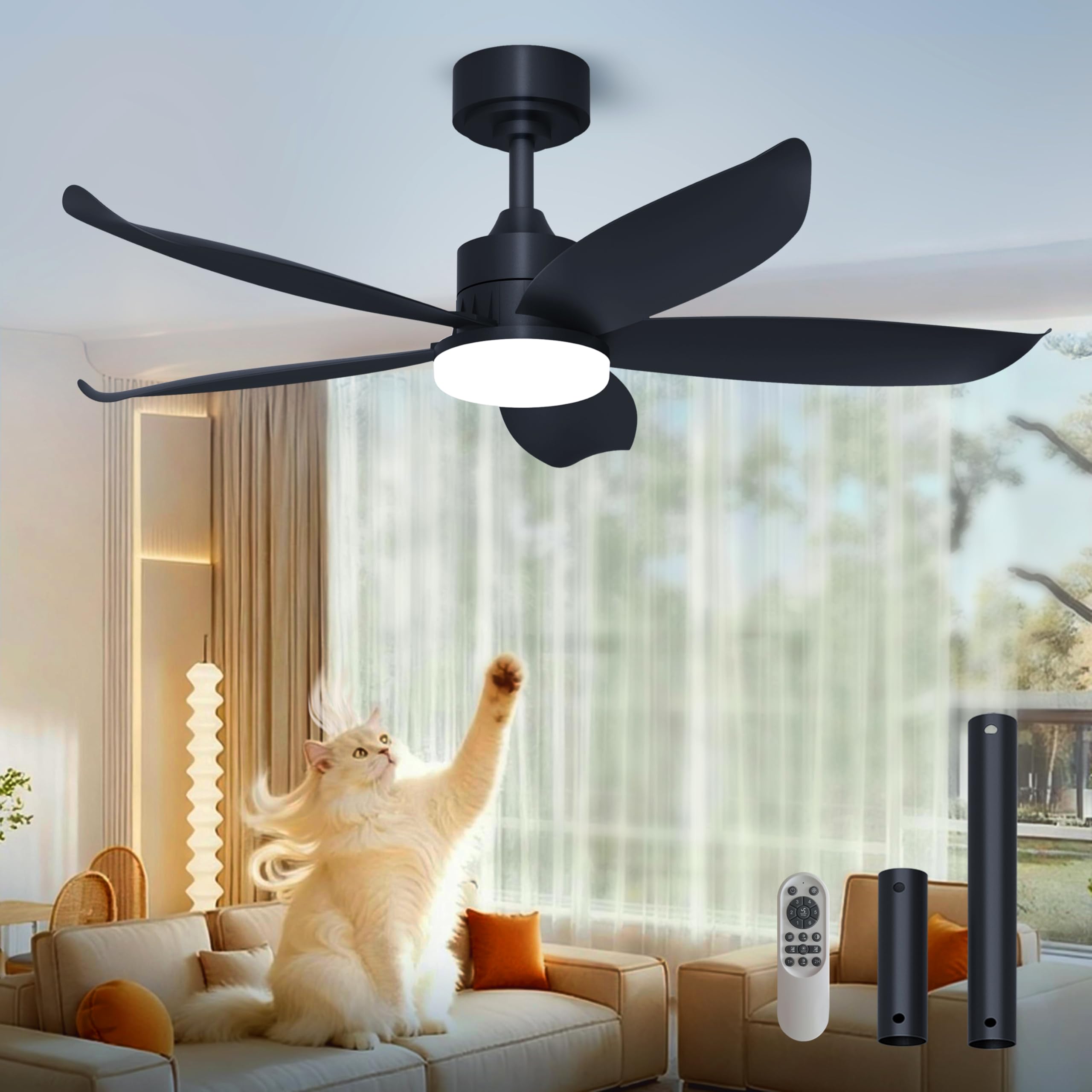 LANMEL 42-inch black ceiling fan with integrated light for living spaces