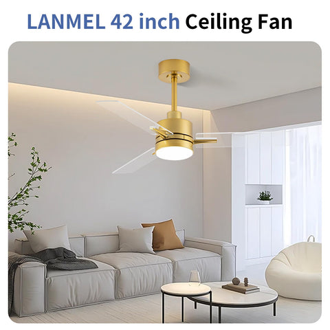 LANMEL low-profile gold ceiling fan complements modern interiors.