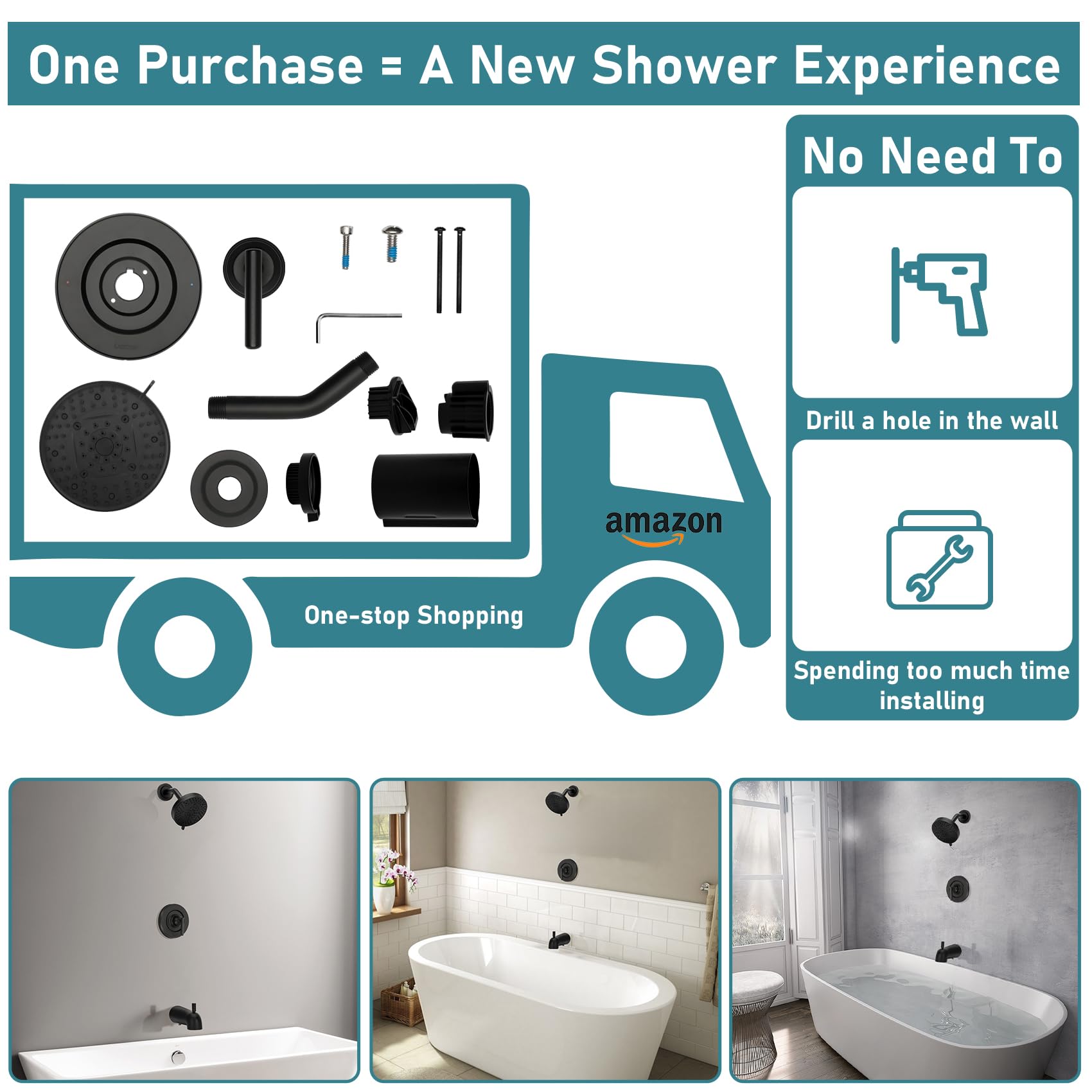 Matte black finish by Lanmun remains durable in moisture-prone showers.