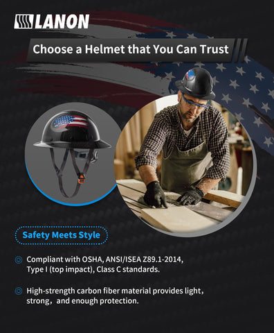LANON carbon fiber full brim hard hat top view highlighting lightweight strength