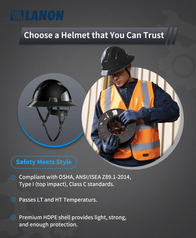 LANON Protection black full brim hard hat top view shows compact lightweight wear