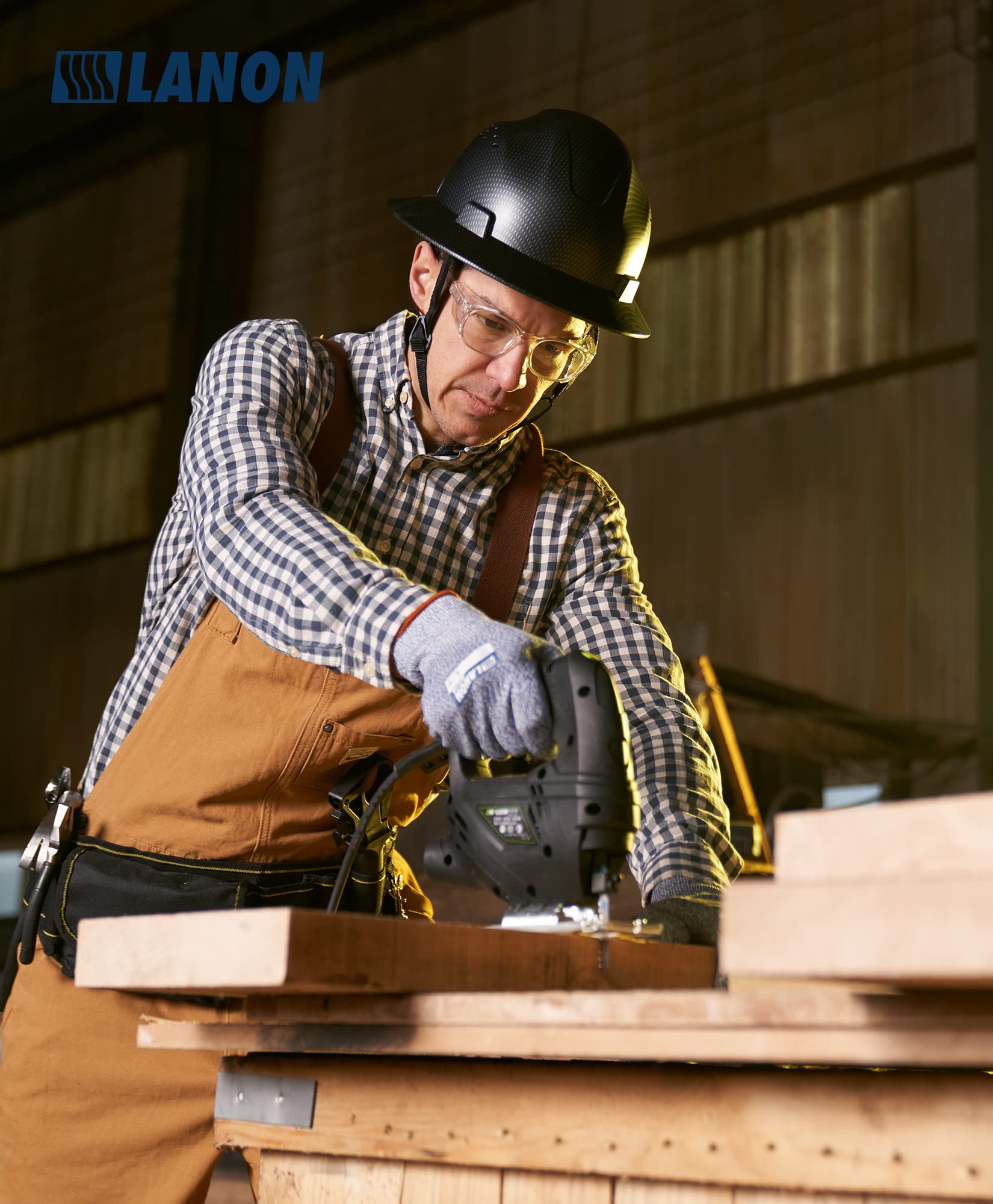 LANON Protection OSHA/ANSI Type I Class C compliant helmet badge visible.