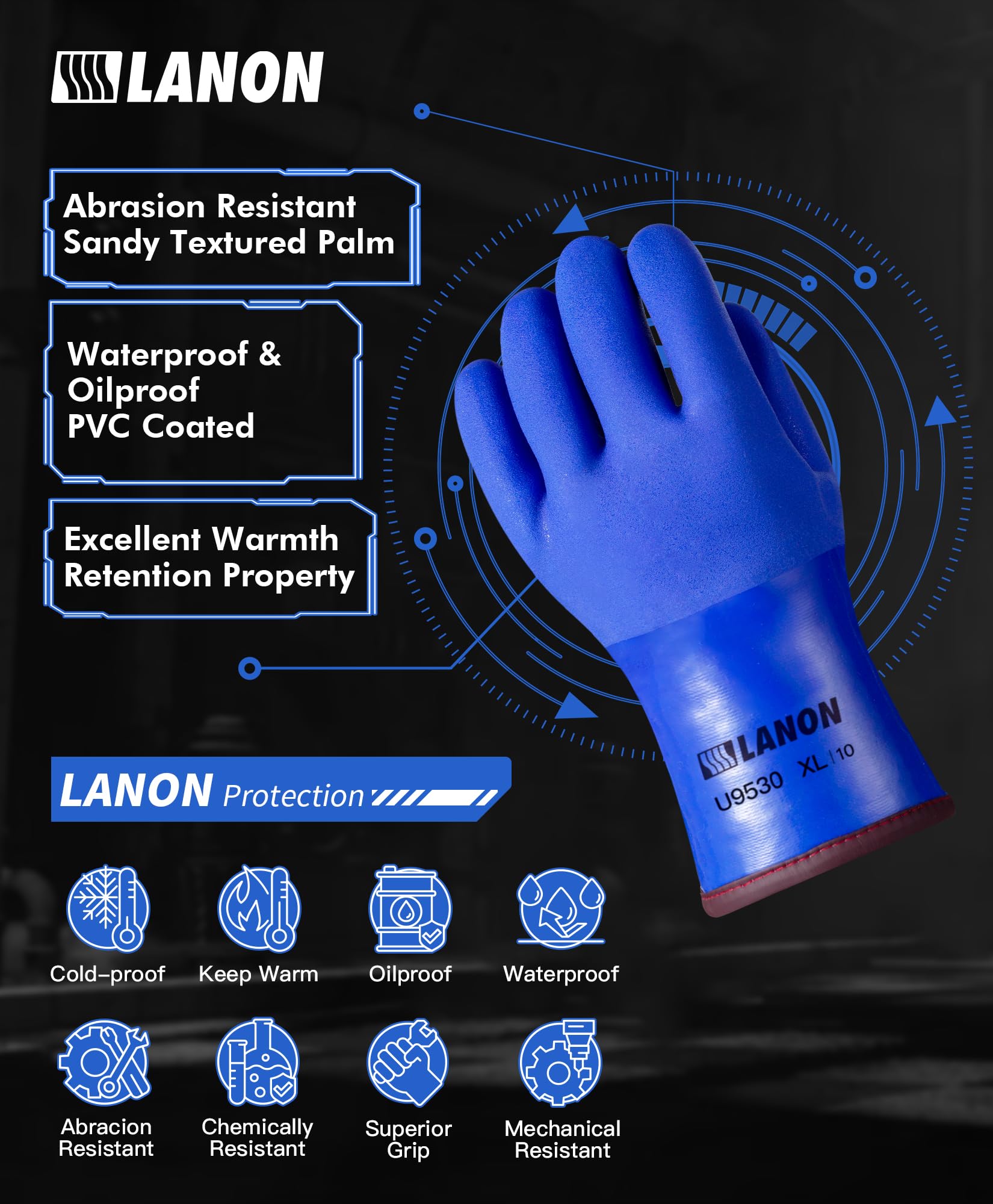 LANON PVC coated gloves back view showing rugged durability