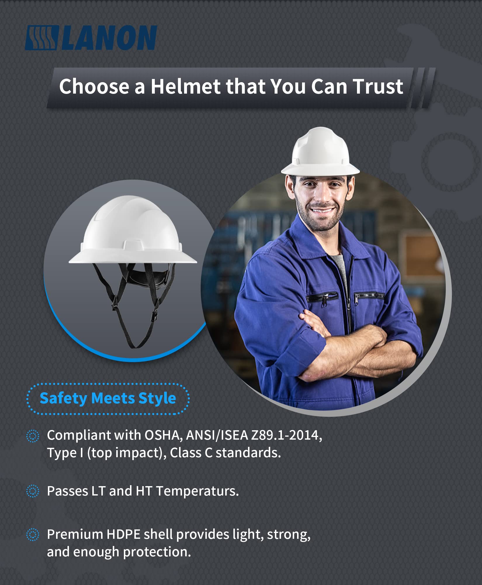 LANON chin strap close-up highlighting secure retention during work at heights
