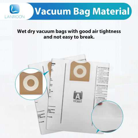 LANROON VF3502 bag close-up shows nozzle-fit for Ridgid models.