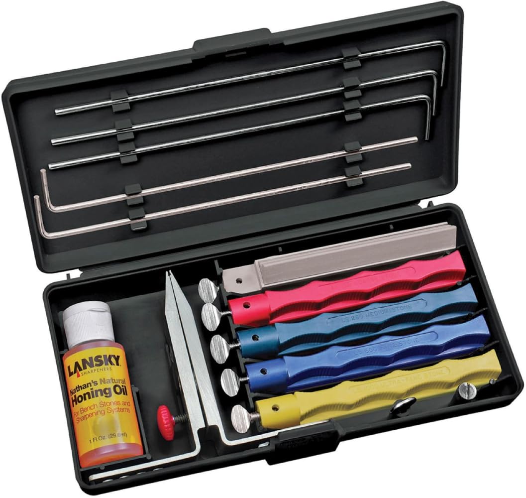Lansky professional sharpening system with coarse hone for quick edge refresh.