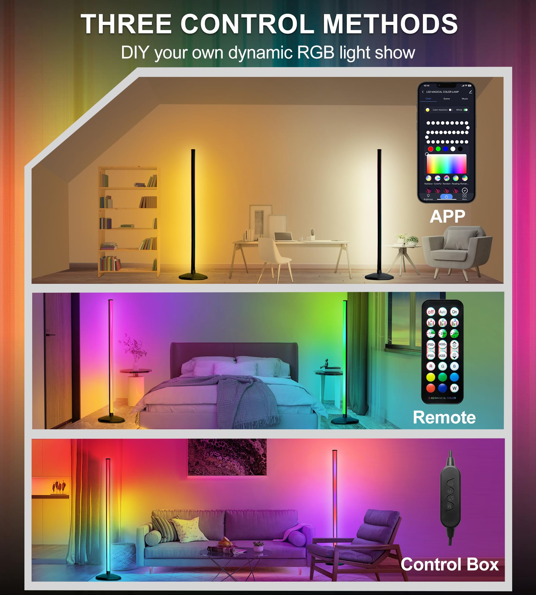 LanSuper Corner Floor Lamp app and remote enable easy mood control