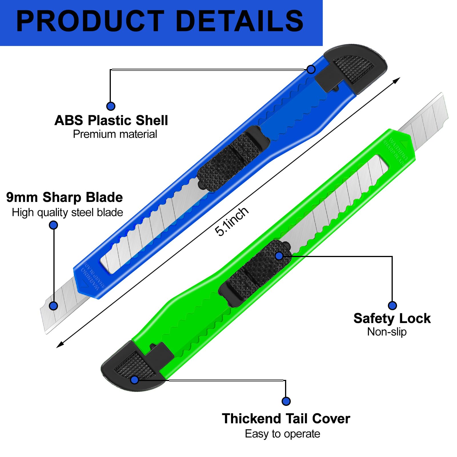 Lanties retractable knife with 9mm blade, delivers clean cuts and edge refresh by snapping blades.