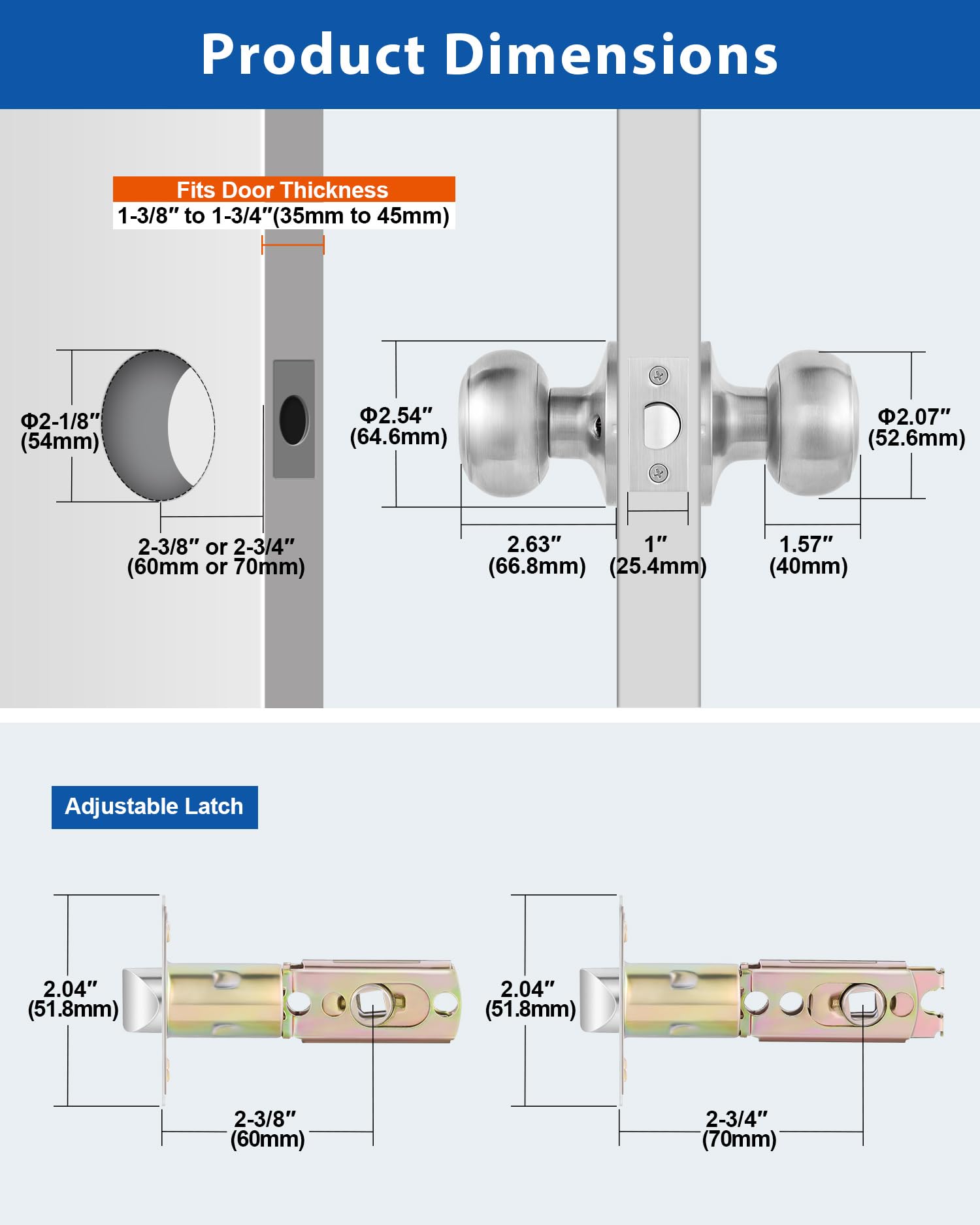 Lanwandeng adjustable latch backset 2-3/8 and 2-3/4 inch closeup.