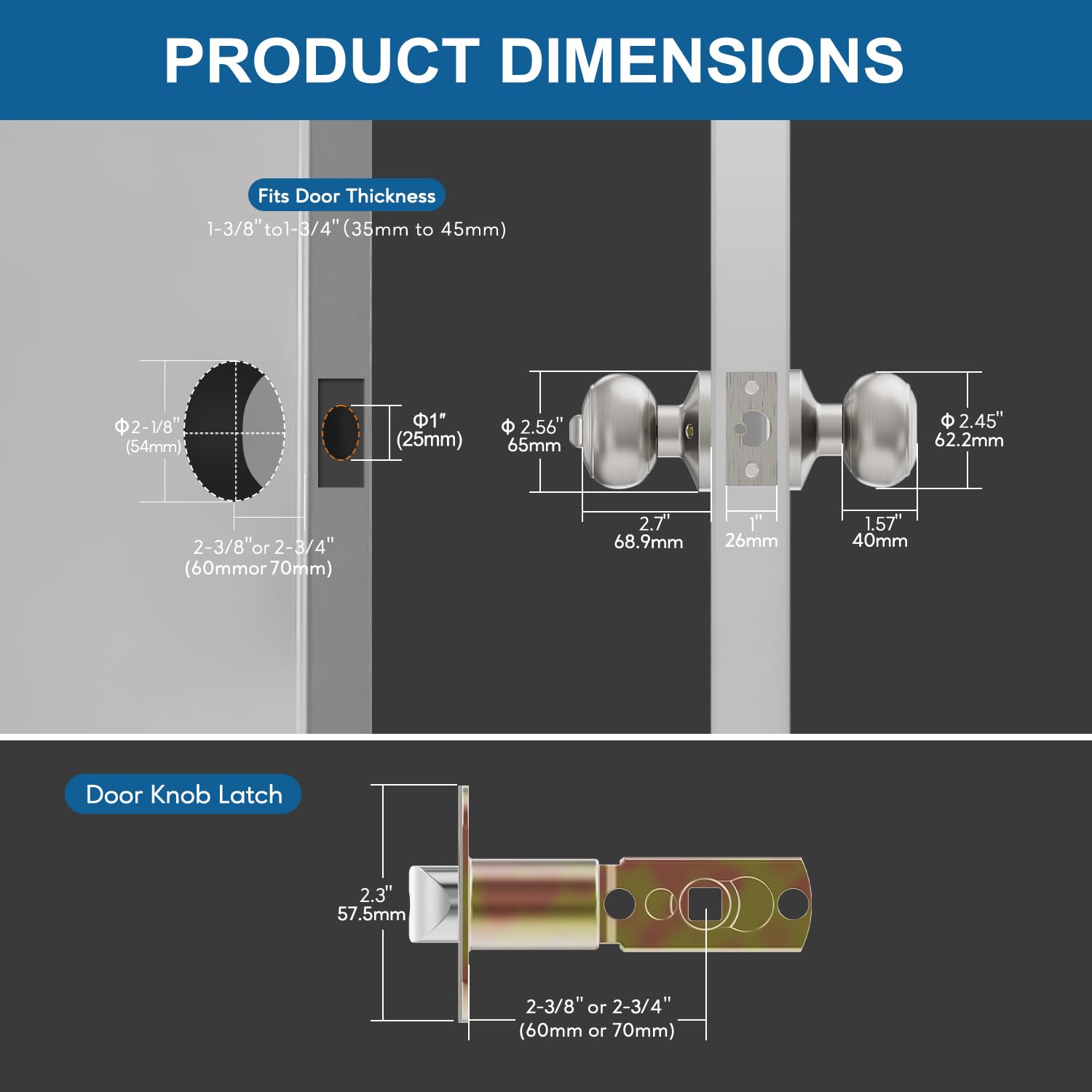 Lanwandeng adjustable backset diagram for 2-3/8 and 2-3/4 inches