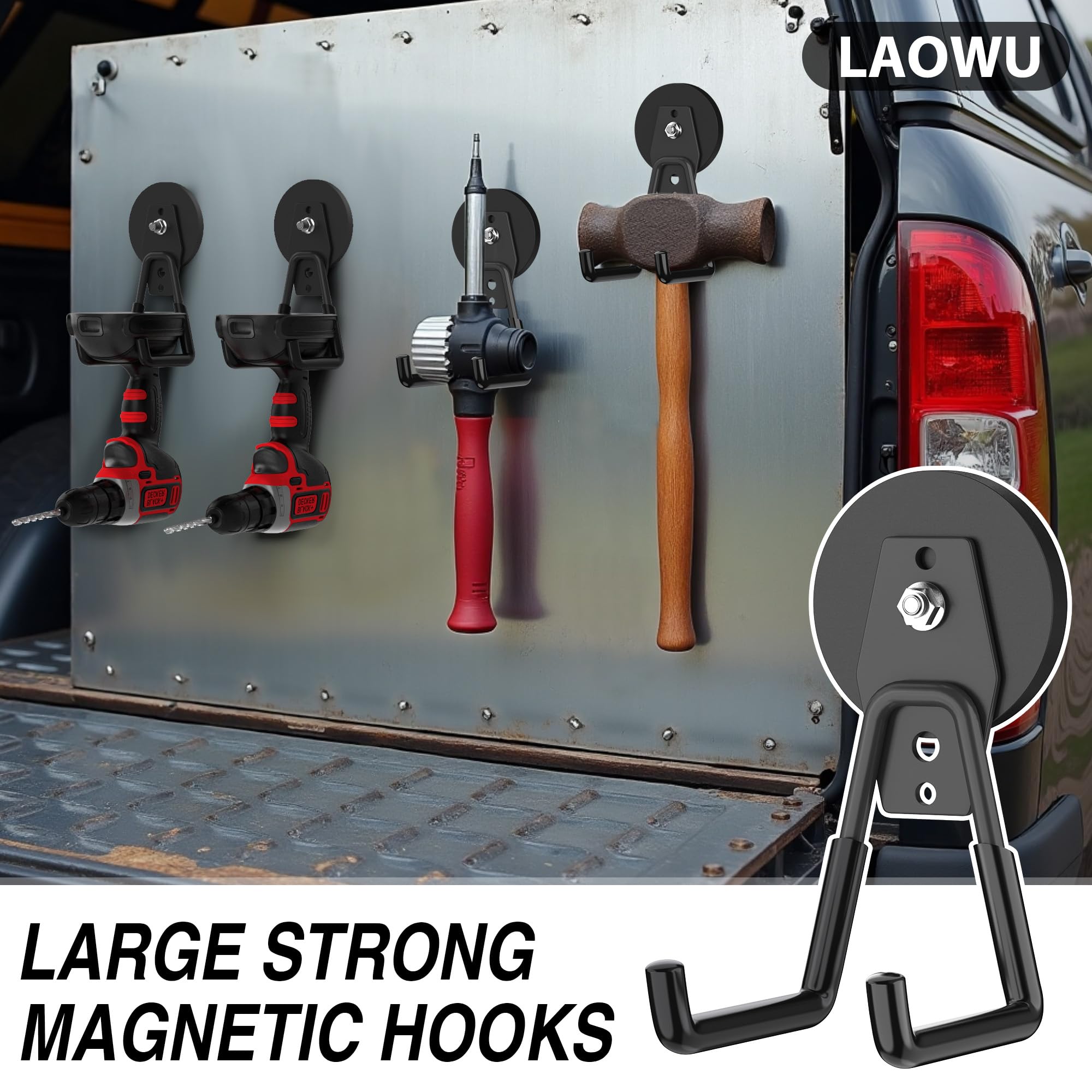Laowu hooks used on a garage surface for versatile tool organization.