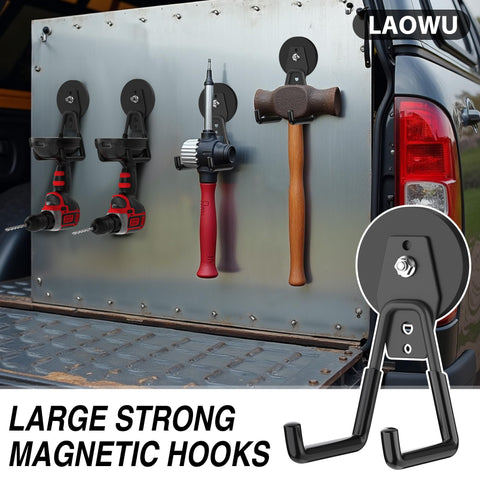 Laowu hooks used on a garage surface for versatile tool organization.