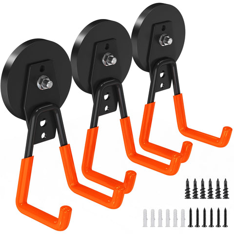 Laowu large magnetic hook on garage wall for tool organization.