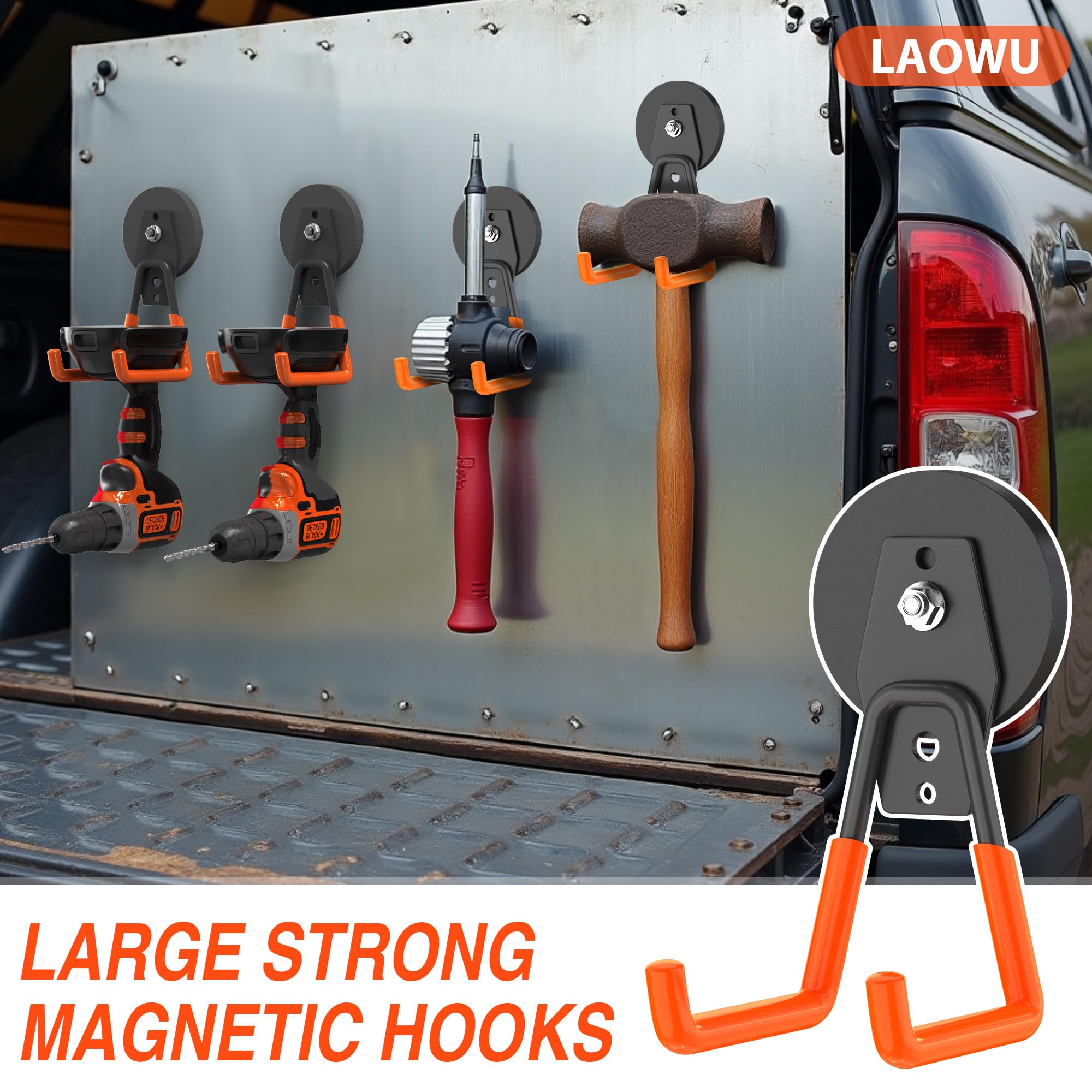 Laowu double-hook design keeps tools secure on metal surfaces.