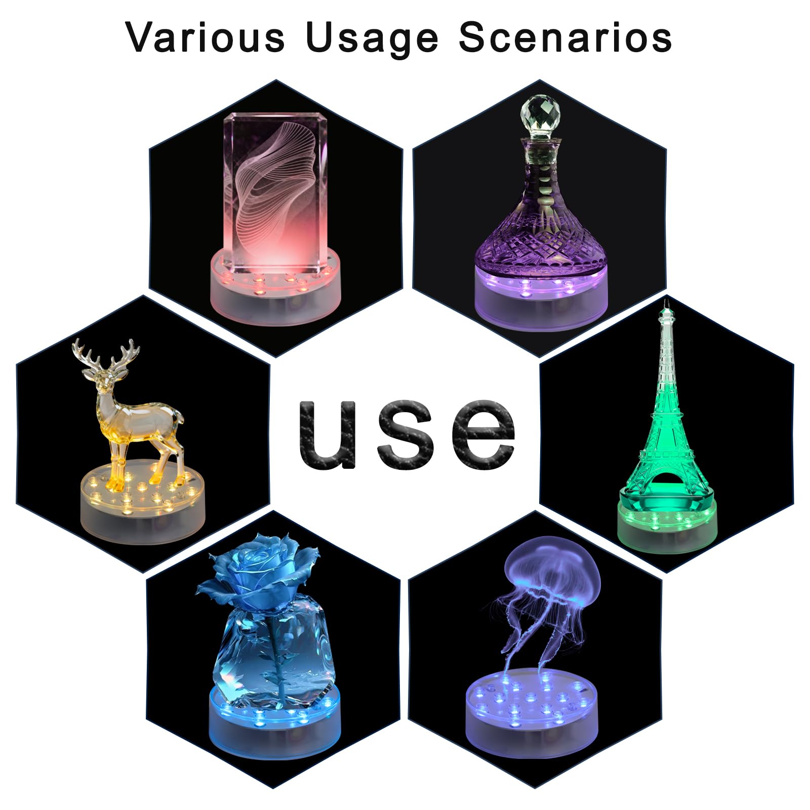 LARDUX LED base elevating a crystal display with multicolor lighting