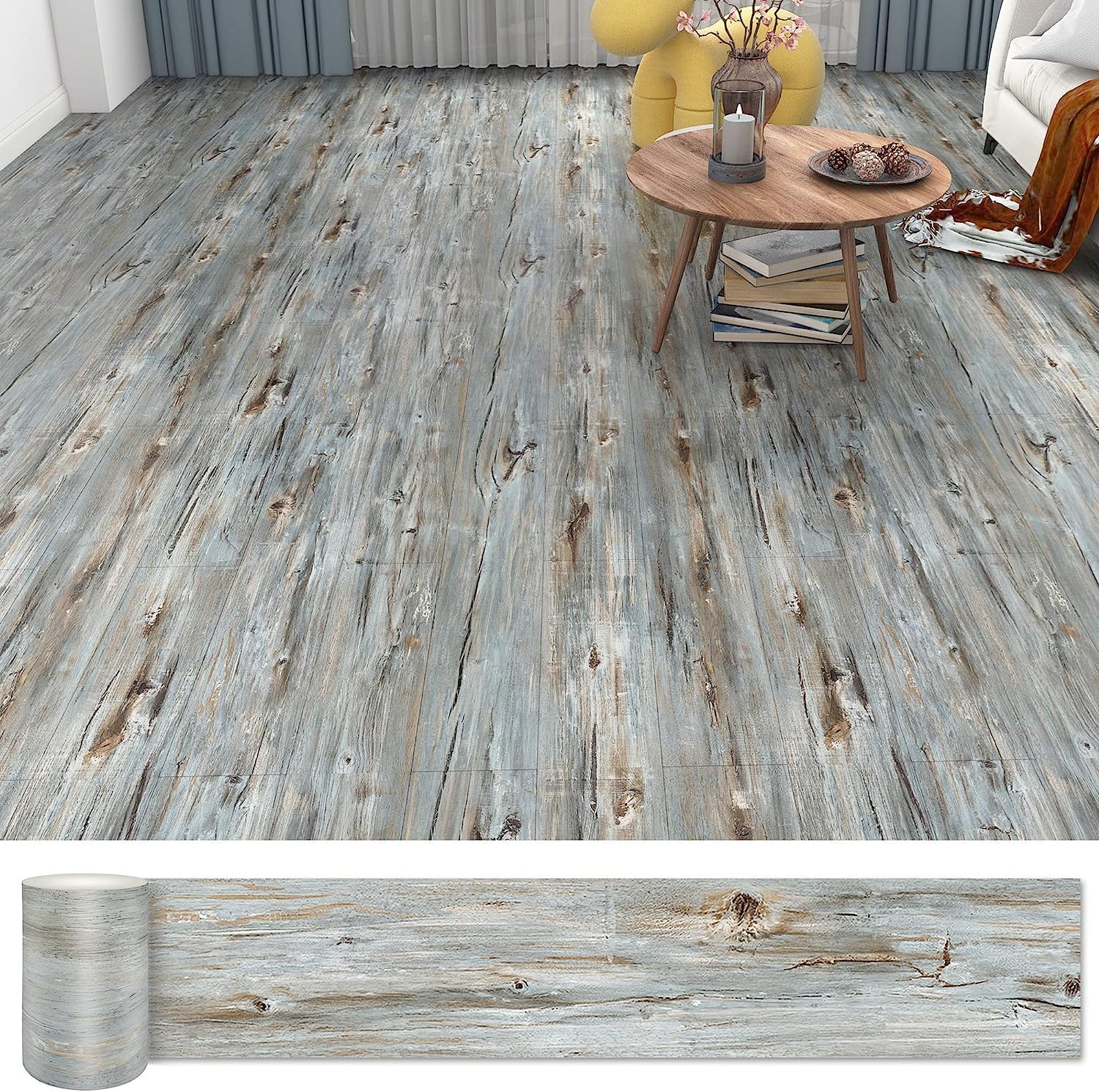 Lareko Dustgrey wood-look floor tiles closeup with embossed texture for realism.
