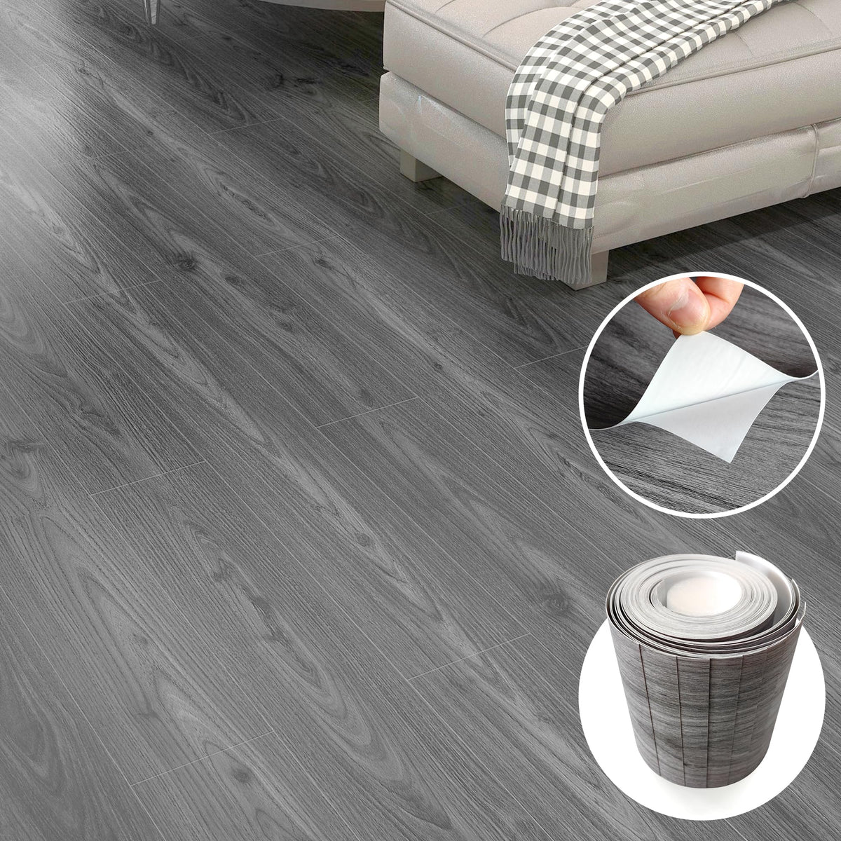 Lareko grey wood vinyl floor tiles offer realistic grain for renters.