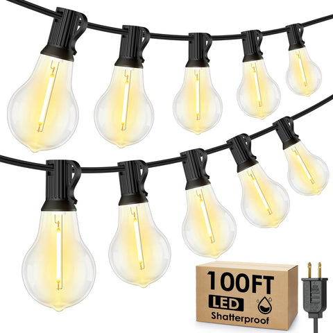 Larkvue 100ft outdoor string lights illuminate patios with a warm glow for evenings