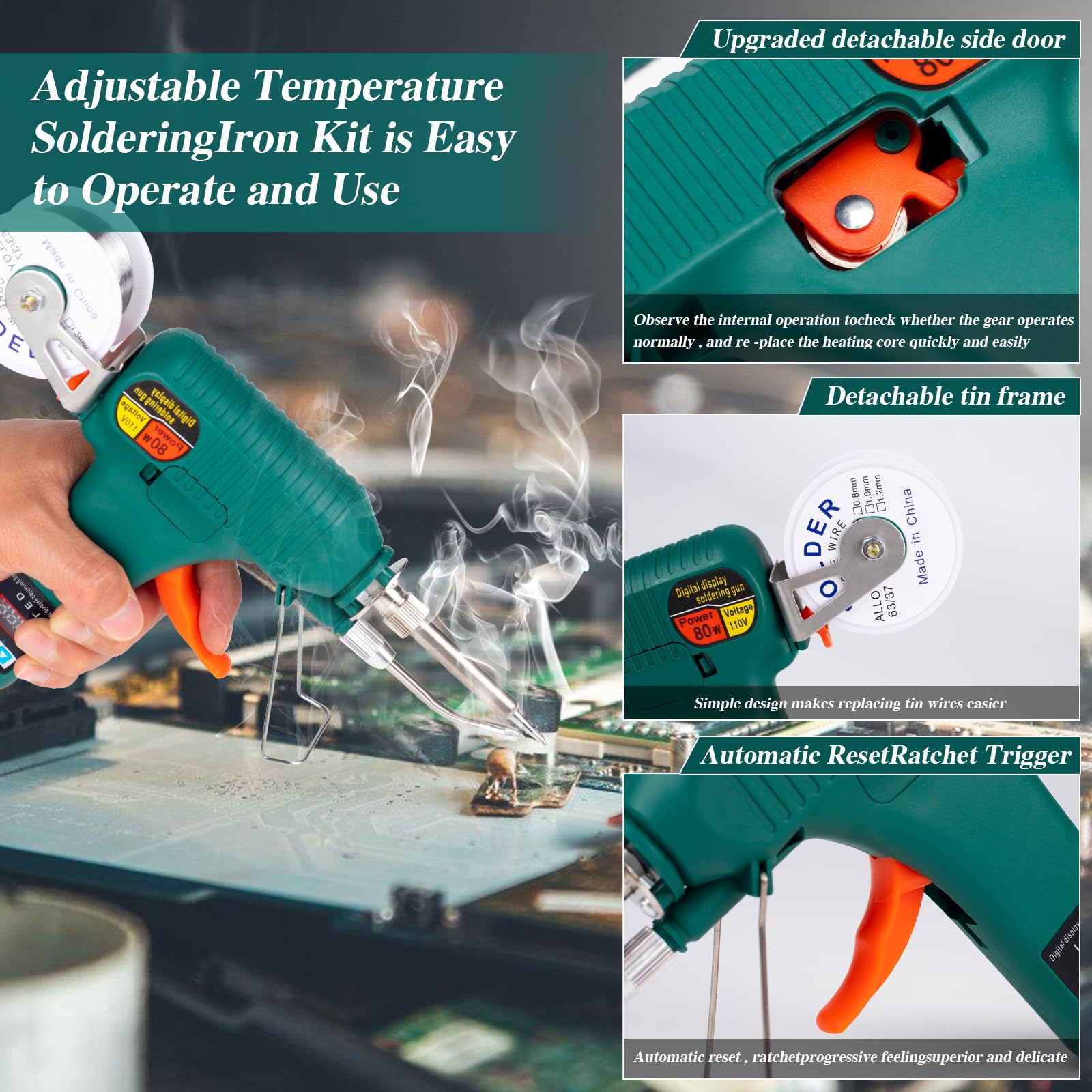 8-in-1 kit covers soldering and desoldering tasks.