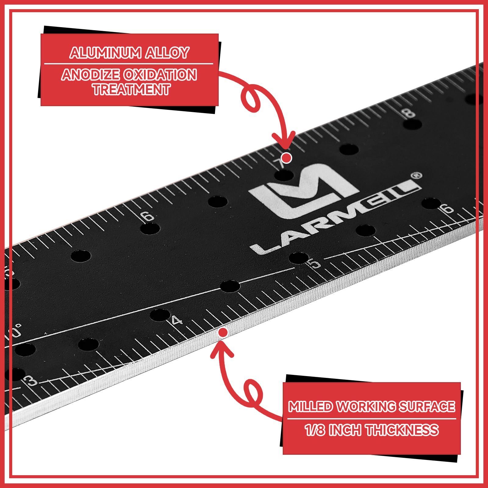 LARMEIL anodized ruler body adds durability under tough environments and frequent handling.