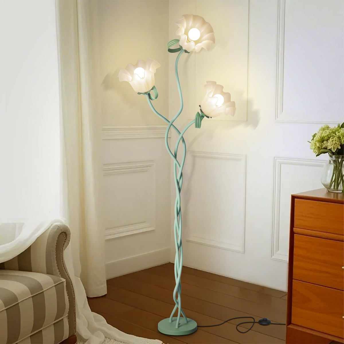 Larnix green flower standing lamp with shades brightens a cozy corner