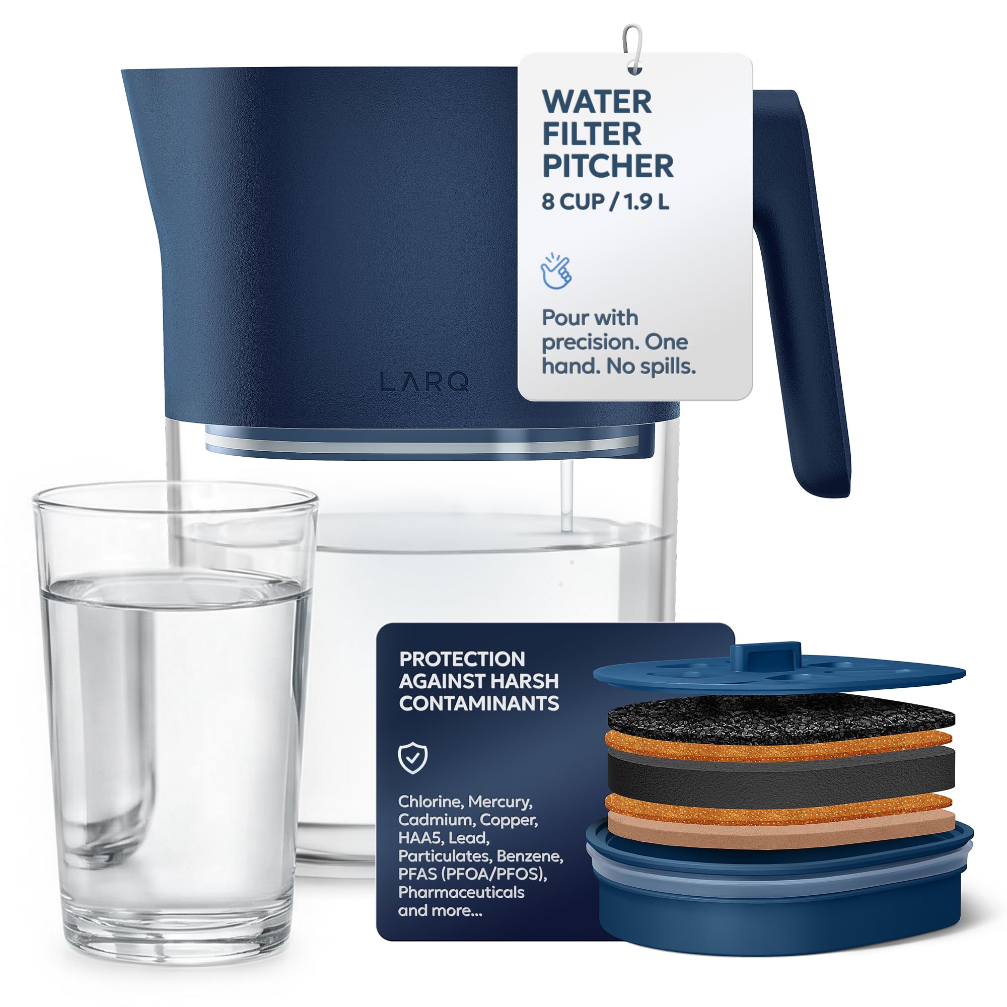 LARQ water filter pitcher 1.9L Monaco Blue on countertop for fresh daily hydration.