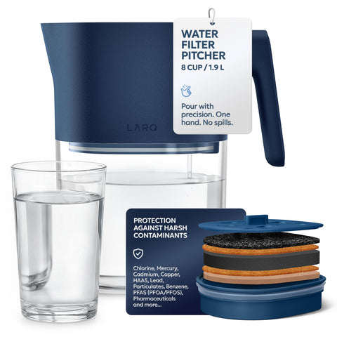 LARQ water filter pitcher 1.9L Monaco Blue on countertop for fresh daily hydration.