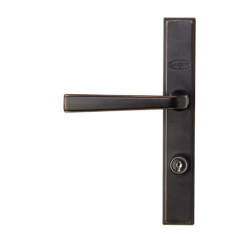 Larson Quickfit BRZ handle set front view showcases aged bronze lever and built-in deadbolt