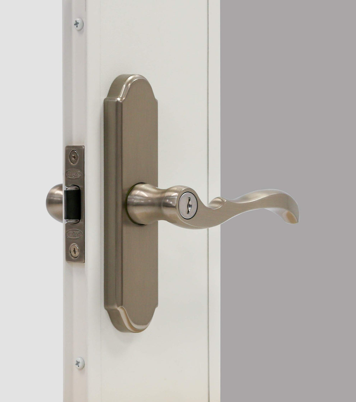 Larson M2 brushed nickel storm door handle set front view showing modern finish and build.
