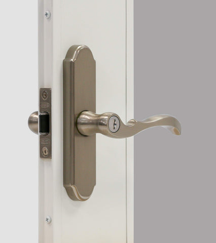 Larson M2 brushed nickel storm door handle set front view showing modern finish and build.