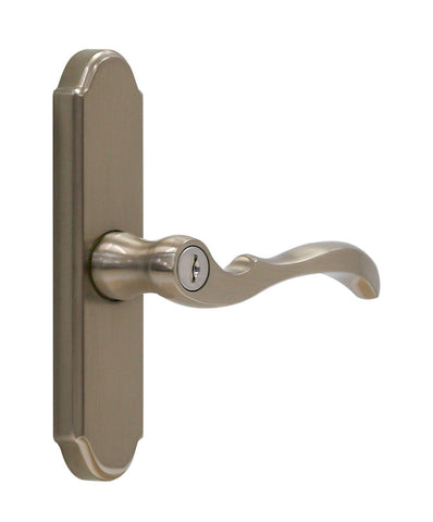 Larson M2 brushed nickel handle set edge mortise hole close-up for proper installation.
