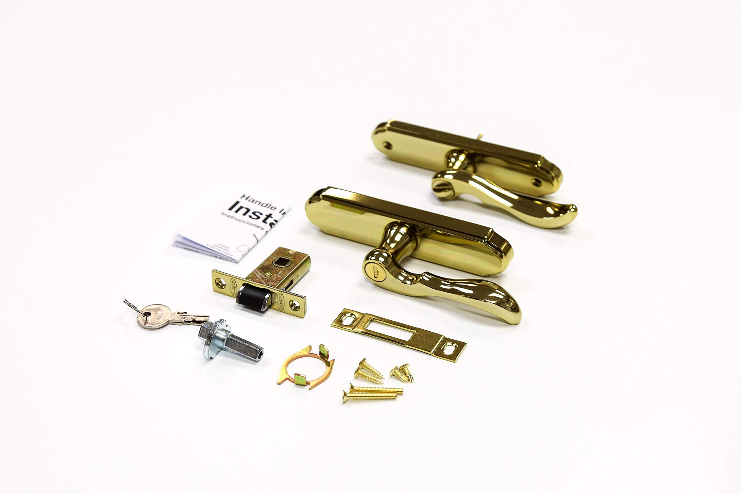 Larson storm door M2 mortise brass handle set with keyed deadbolt enables convenient entry.