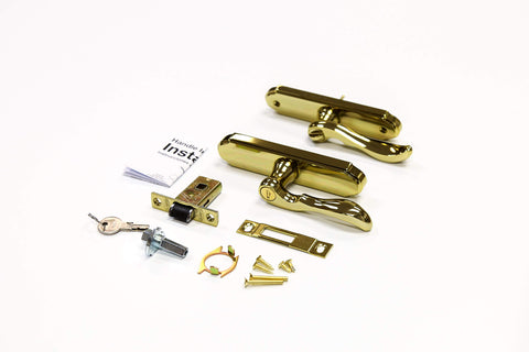 Larson storm door M2 mortise brass handle set with keyed deadbolt enables convenient entry.