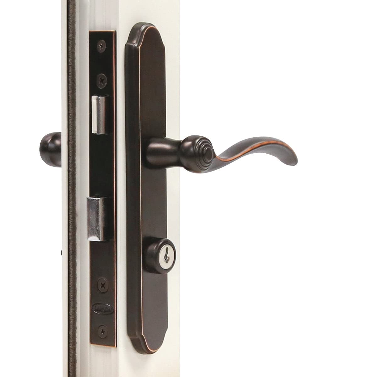Larson Revere mortise handle set assembly in aged bronze for secure, stylish entry.