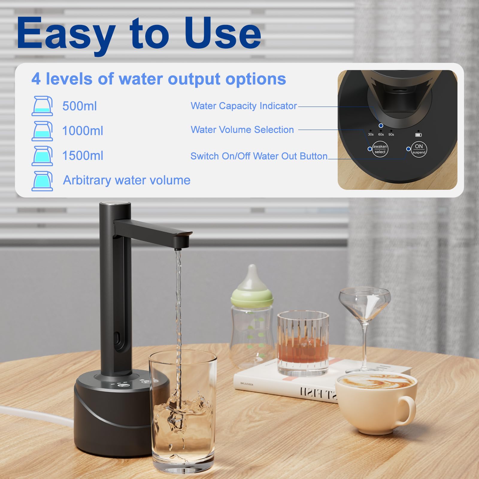 Four dispensing modes offer controlled pours and continuous flow