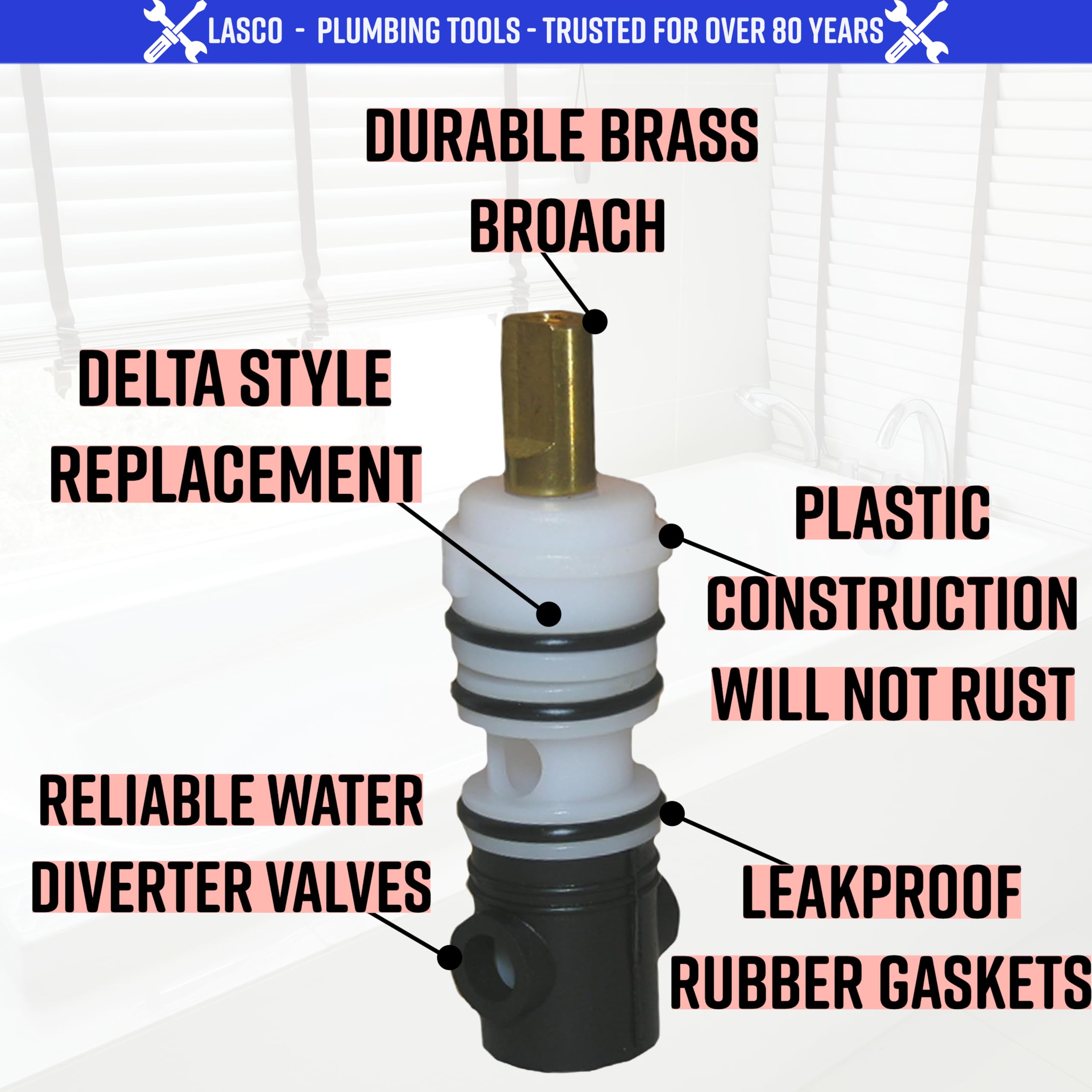 LASCO S735-4T brass broach detail highlights durable construction for tub-to-shower diverts