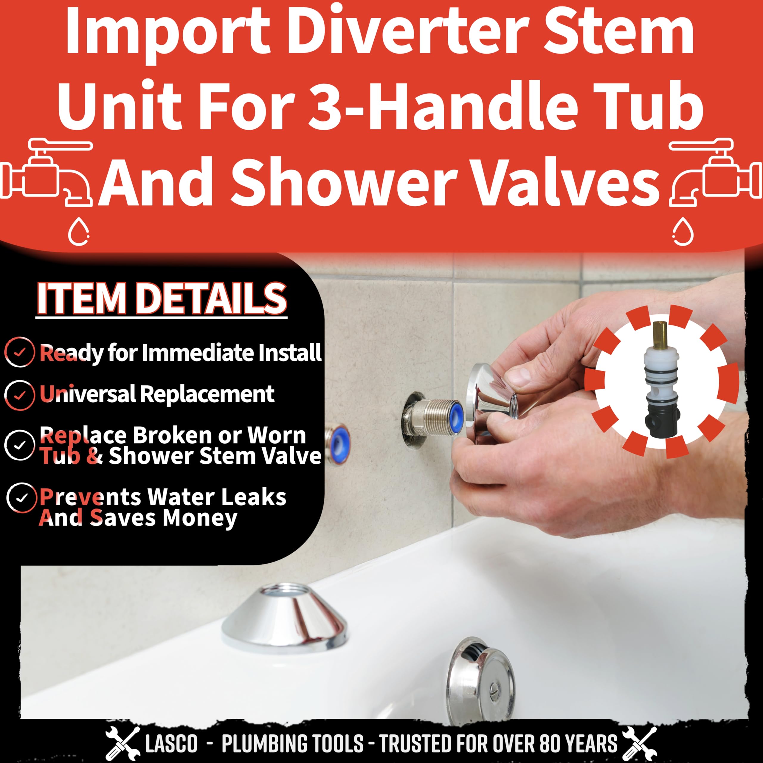 LASCO S735-4T fit image showing broad compatibility with import tub and shower valves
