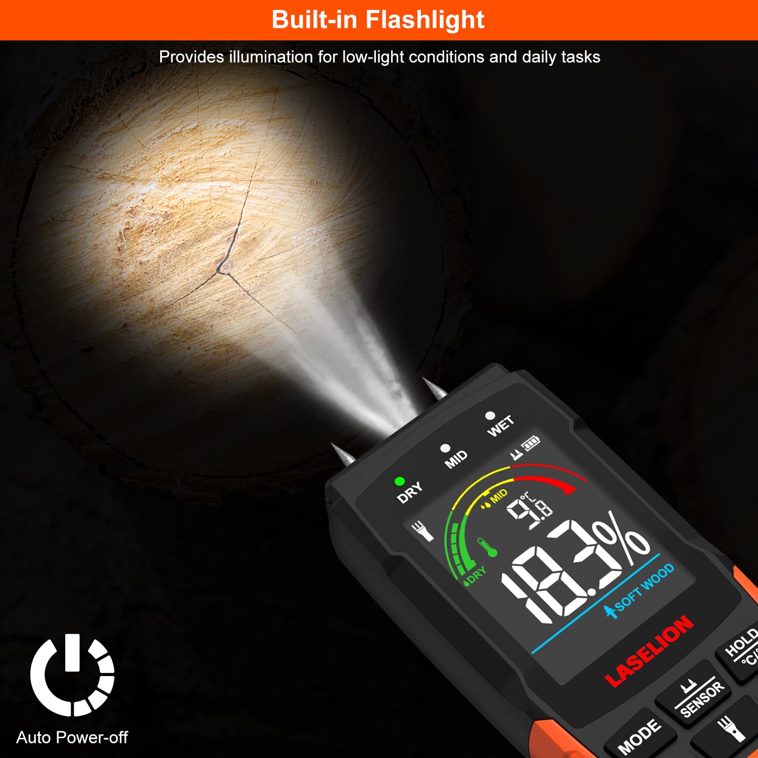 LASELION MS03 built-in flashlight aids measurements in dim spaces
