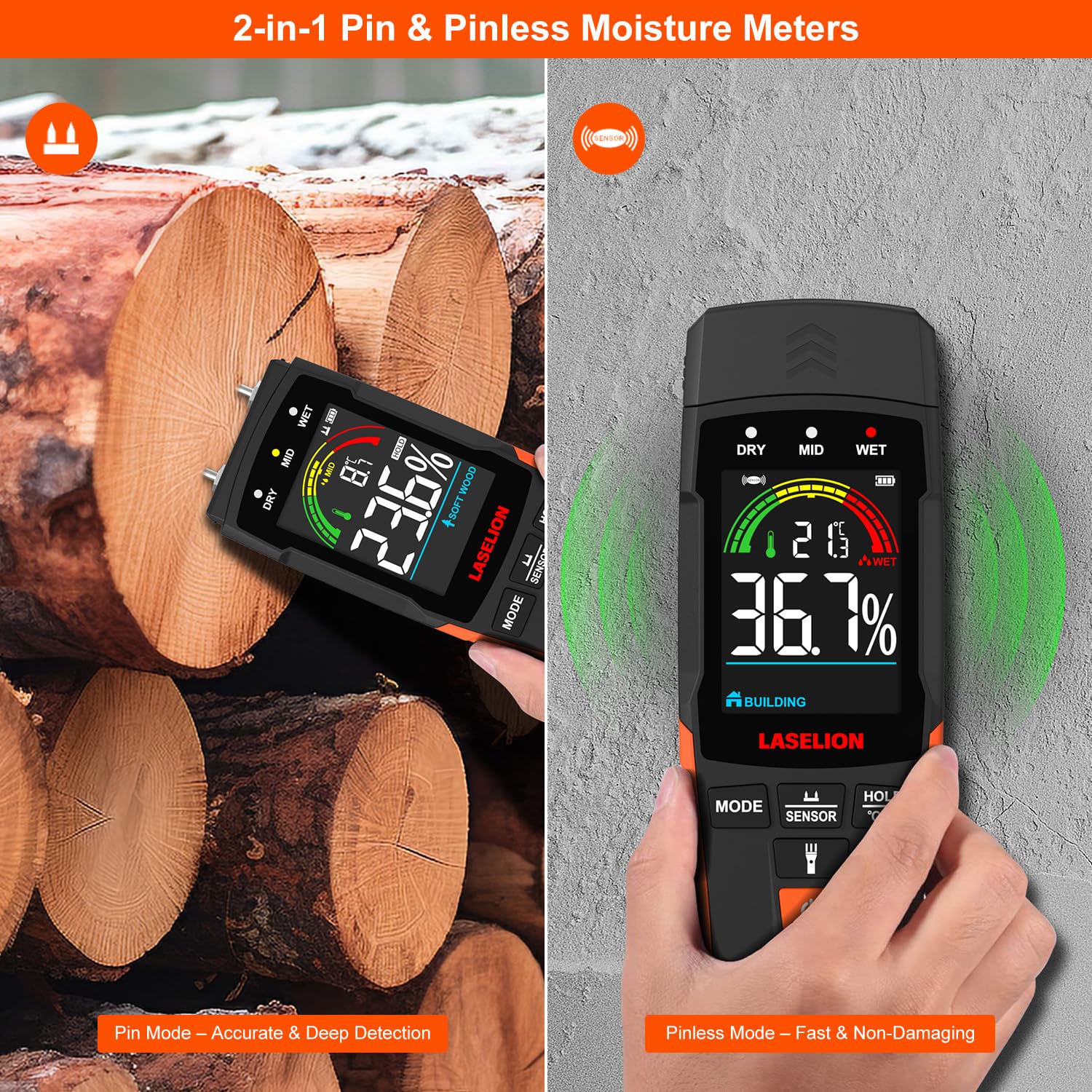 LASELION MS03 pin mode lumber reading for precise moisture content