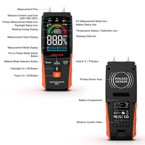 LASELION MS03 pinless drywall measurement shows surface-friendly moisture levels