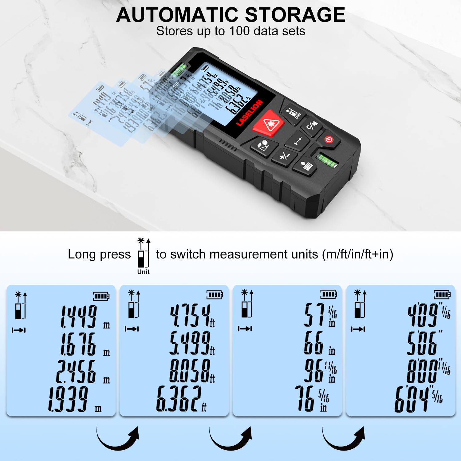 LT100 measures up to 328 feet for room-to-room planning