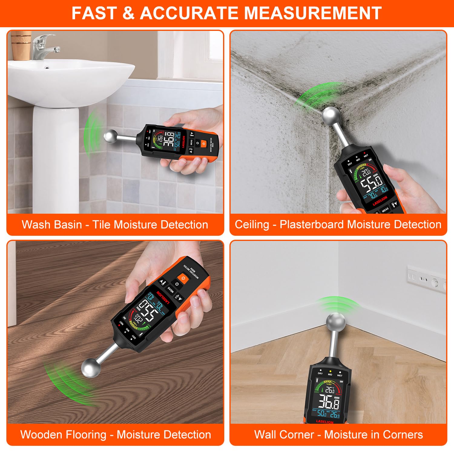 LASELION MS04 measures moisture from 5 to 40 mm beneath surfaces
