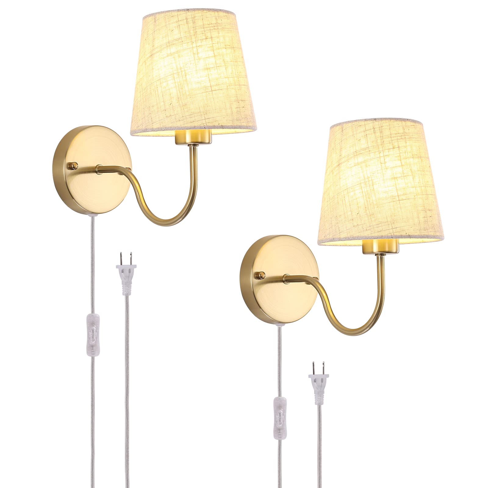 LASENCHOO plug-in wall sconce in brass finish with fabric shade for warm bedroom glow.