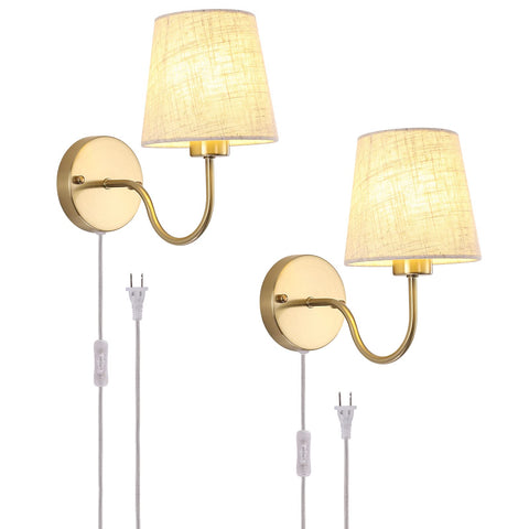 LASENCHOO plug-in wall sconce in brass finish with fabric shade for warm bedroom glow.