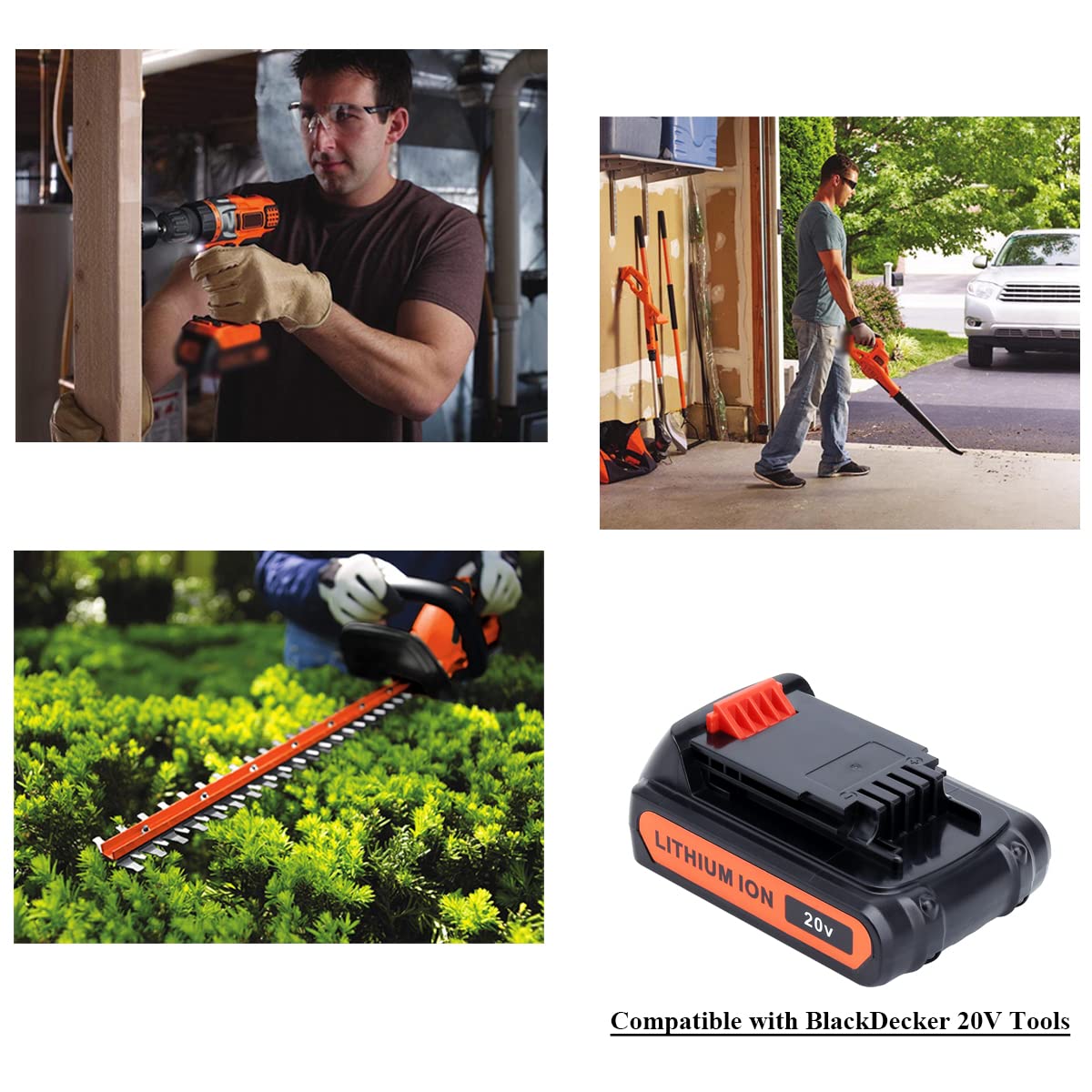 Lasica 4.0Ah 20V battery pack shows compatibility range with Black and Decker tools for versatile use.